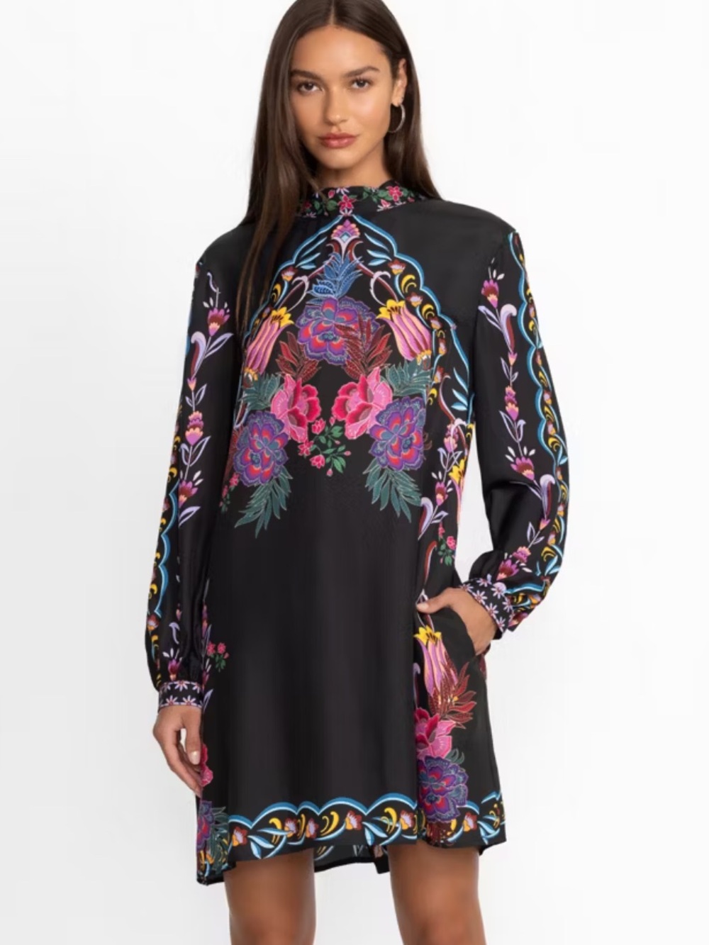 Johnny Was Jade Kalova Mini Dress Silk Blend Black Size L